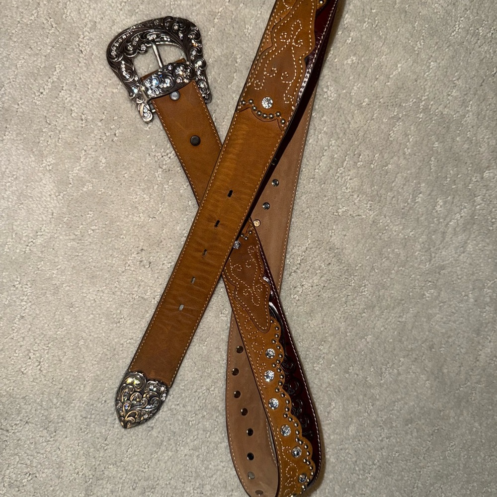 Tony Lama Brown Leather Belt with Silver Accents 1.5 inch wide 38-42